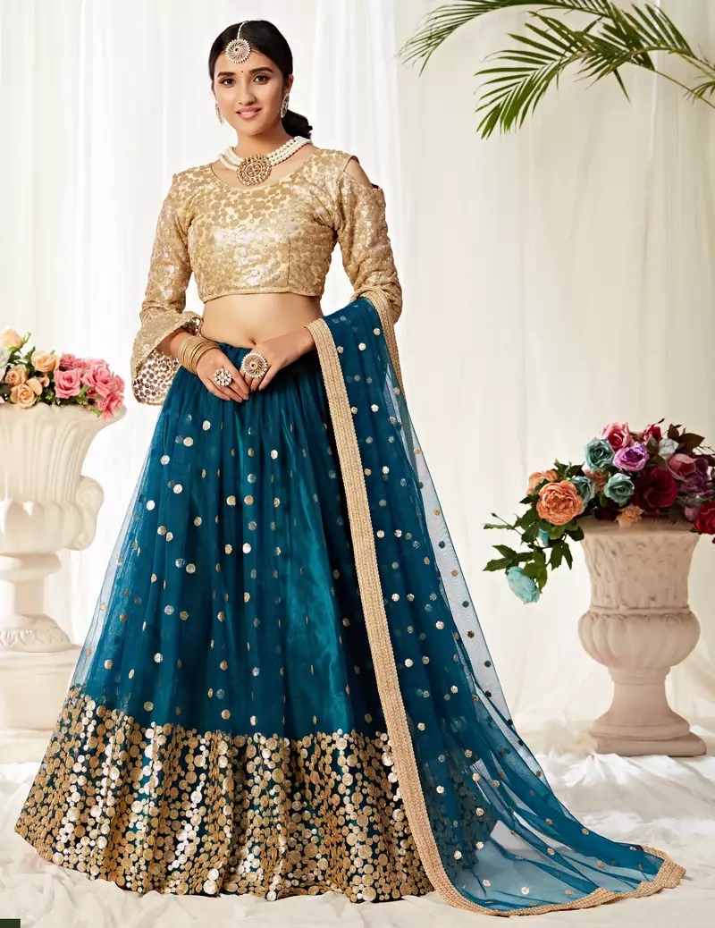 Peacock Blue zari embroidered net Semi Stitched bridal lehenga