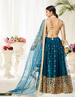 Bewitching Peacock Blue zari and Sequins embroidered net Semi Stitched Lehenga choli for wedding 3