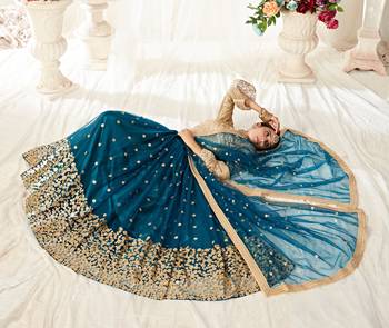 Bewitching Peacock Blue zari and Sequins embroidered net Semi Stitched Lehenga choli for wedding 4