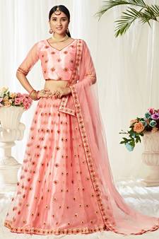 Peach embroidered net Semi Stitched Bridal Lehenga