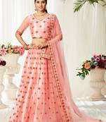 Peach Embroidered Net Semi Stitched Bridal Lehenga
