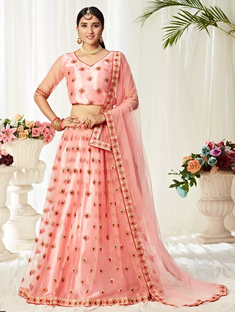 Peach embroidered net Semi Stitched Bridal Lehenga