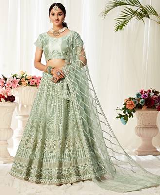 Green Embroidered Net Semi Stitched Bridal Lehenga 1