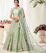 Green Embroidered Net Semi Stitched Bridal Lehenga