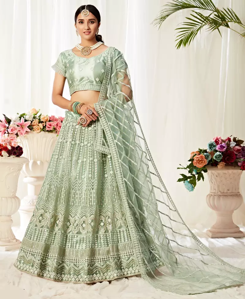 Green embroidered net Semi Stitched bridal lehenga