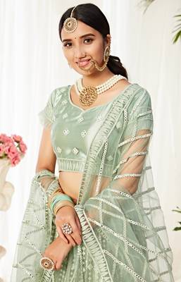 Green Embroidered Net Semi Stitched Bridal Lehenga 2
