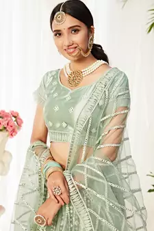 Green Embroidered Net Semi Stitched Bridal Lehenga
