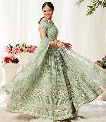 Green Embroidered Net Semi Stitched Bridal Lehenga 3