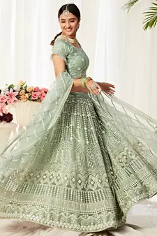 Green Embroidered Net Semi Stitched Bridal Lehenga