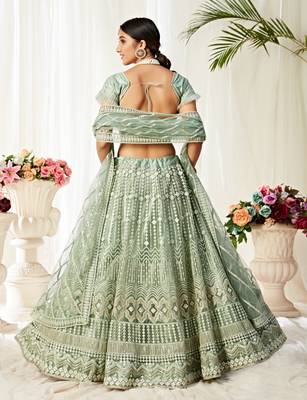 Green Embroidered Net Semi Stitched Bridal Lehenga 4