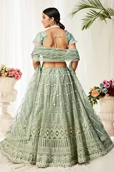 Green Embroidered Net Semi Stitched Bridal Lehenga