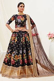 Bewitching Black Dori, Zari and Sequins Embroidered Banglory Satin Semi Stitched Lehenga Choli for Wedding