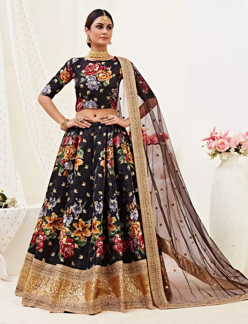 Black embroidered Banglory Satin Semi Stitched Wedding Lehenga for Bridal