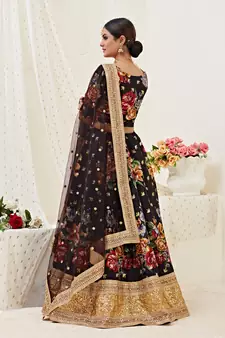 Bewitching Black Dori, Zari and Sequins Embroidered Banglory Satin Semi Stitched Lehenga Choli for Wedding