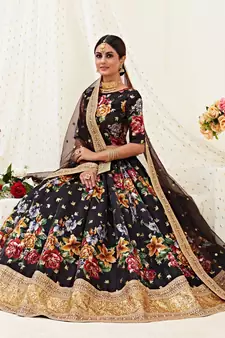 Bewitching Black Dori, Zari and Sequins Embroidered Banglory Satin Semi Stitched Lehenga Choli for Wedding