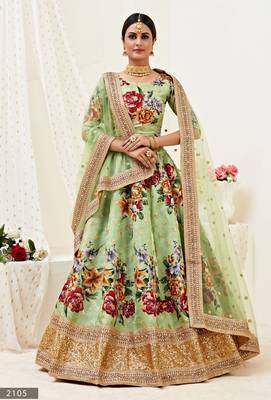 Provocative Pista green Motif Dori Zari and Sequins Embroidered Banglory Satin Semi Stitched Lehenga Choli for Bridal 1