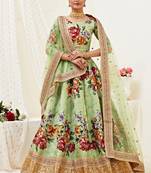Provocative Pista green Motif, Dori, Zari and Sequins Embroidered Banglory Satin Semi Stitched Lehenga Choli for Bridal