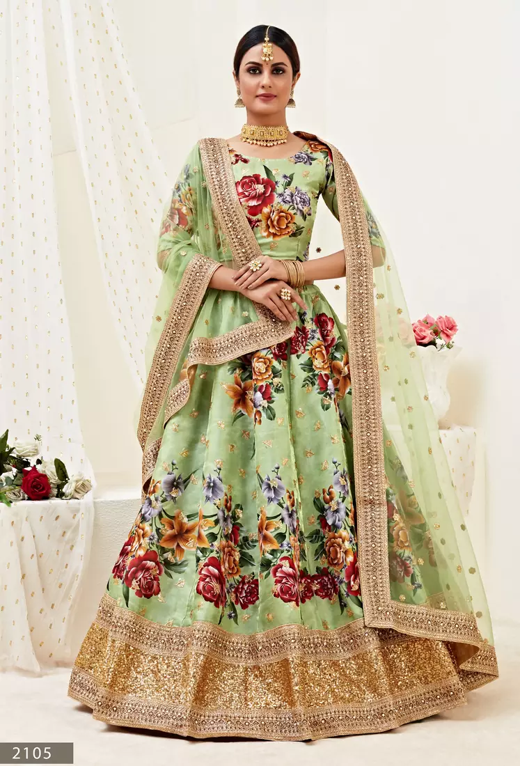 Pista green embroidered Banglory Satin Semi Stitched bridal lehenga
