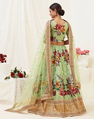 Provocative Pista green Motif Dori Zari and Sequins Embroidered Banglory Satin Semi Stitched Lehenga Choli for Bridal 2