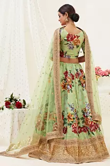 Provocative Pista green Motif, Dori, Zari and Sequins Embroidered Banglory Satin Semi Stitched Lehenga Choli for Bridal