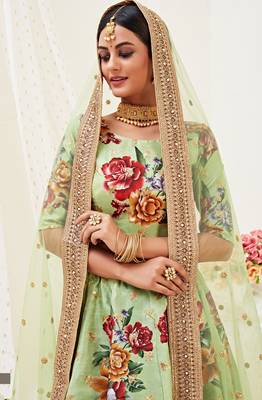 Provocative Pista green Motif Dori Zari and Sequins Embroidered Banglory Satin Semi Stitched Lehenga Choli for Bridal 3