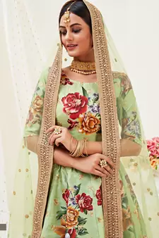 Provocative Pista green Motif, Dori, Zari and Sequins Embroidered Banglory Satin Semi Stitched Lehenga Choli for Bridal