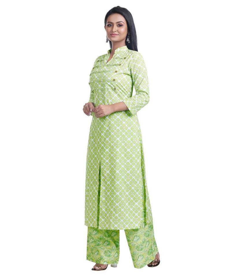 Lime Green Floral Printed Kurta Palazzo Set
