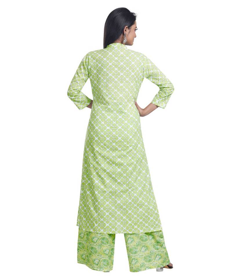 Lime Green Floral Printed Kurta Palazzo Set