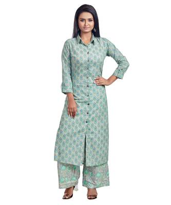 Grey And Green Floral Printed Kurti Palazzo Set 1