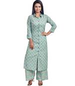 Grey And Green Floral Printed Kurti Palazzo Set