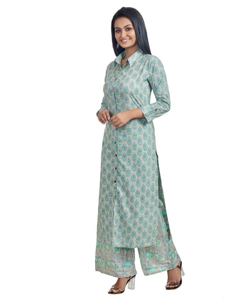 Grey And Green Floral Printed Kurti Palazzo Set