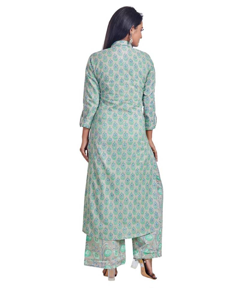 Grey And Green Floral Printed Kurti Palazzo Set