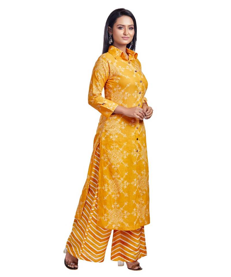 Mustard Yellow Hand Block Printed Kurti Palazzo Set
