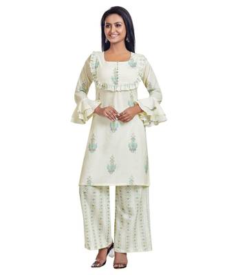 White Block Printed Flare Detailed Kurta Palazzo Set 1