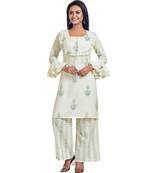 White Block Printed Flare Detailed Kurta Palazzo Set