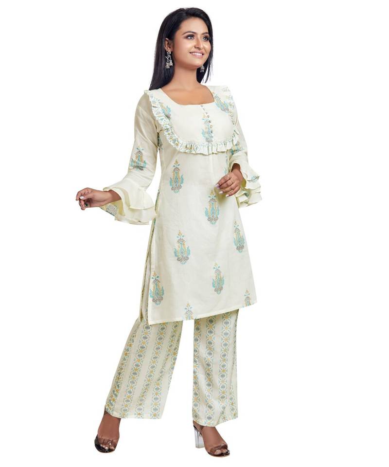 White Block Printed Flare Detailed Kurta Palazzo Set