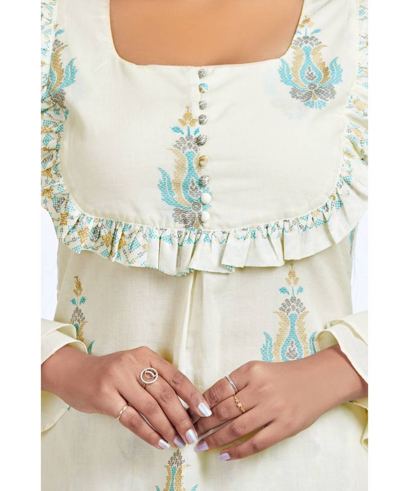 White Block Printed Flare Detailed Kurta Palazzo Set