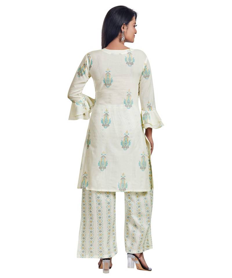 White Block Printed Flare Detailed Kurta Palazzo Set