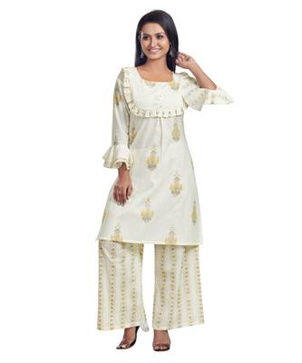 White Block Printed Frill Detailed Kurti Palazzo Set 1