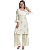 White Block Printed Frill Detailed Kurti Palazzo Set