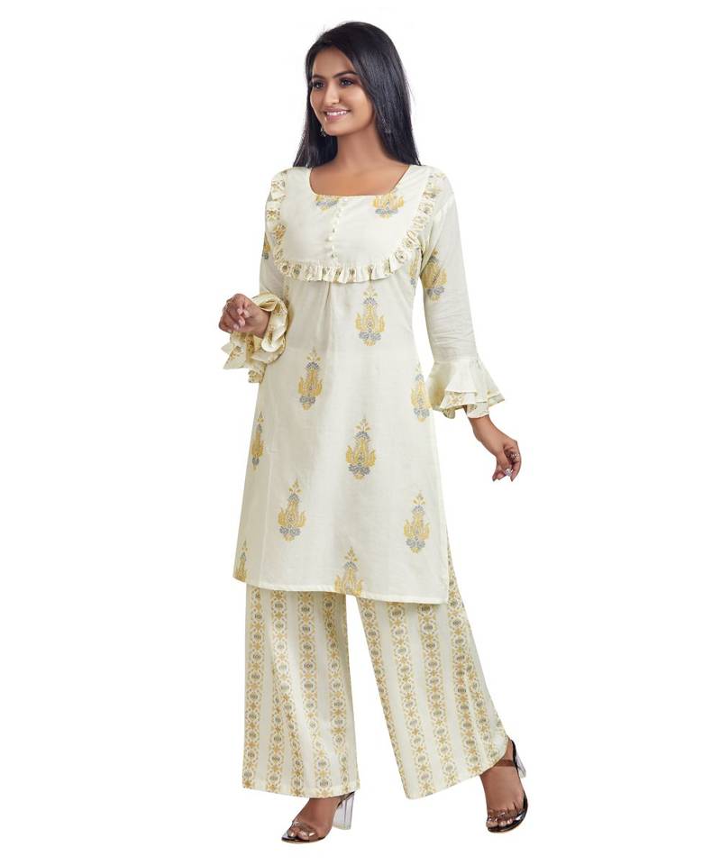 White Block Printed Frill Detailed Kurti Palazzo Set