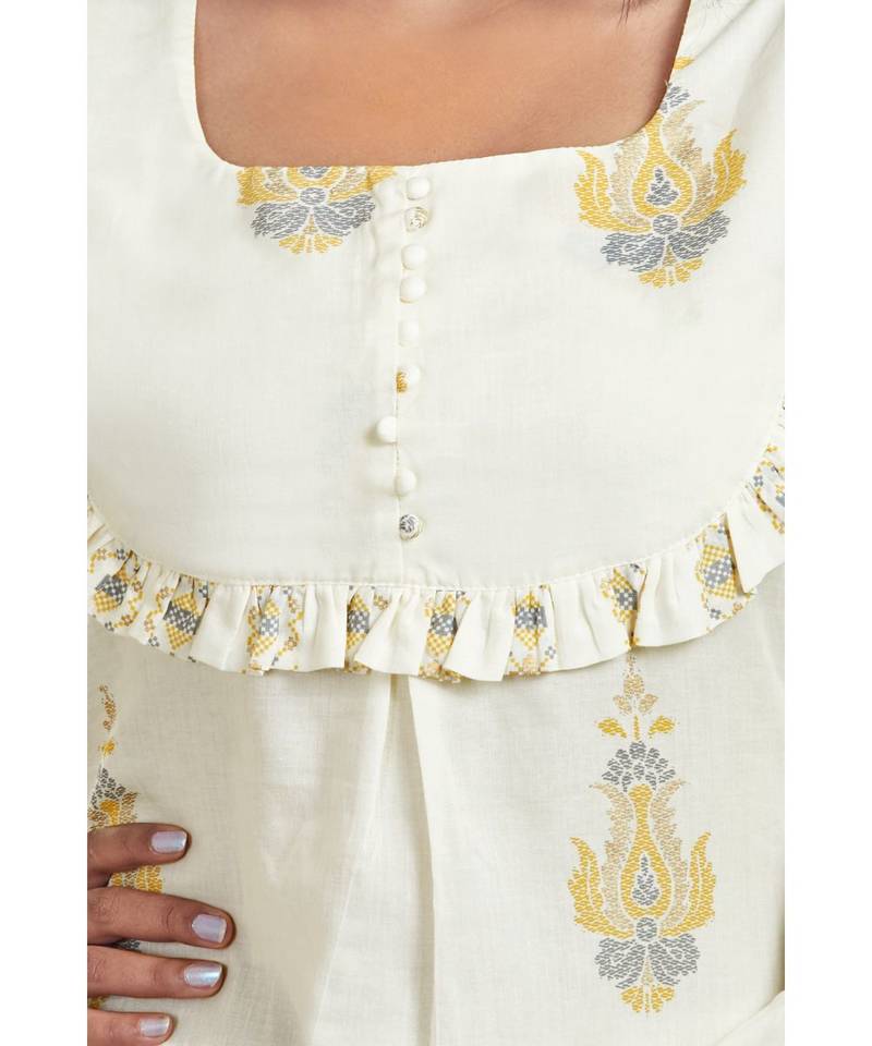 White Block Printed Frill Detailed Kurti Palazzo Set