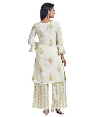 White Block Printed Frill Detailed Kurti Palazzo Set 4