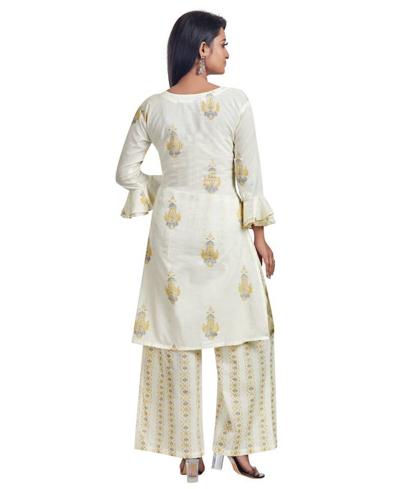 White Block Printed Frill Detailed Kurti Palazzo Set