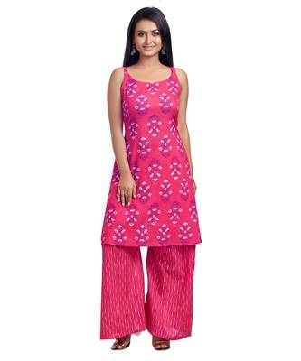 Deep Pink Floral Printed Spagetti Kurti And Palazzo Set 1