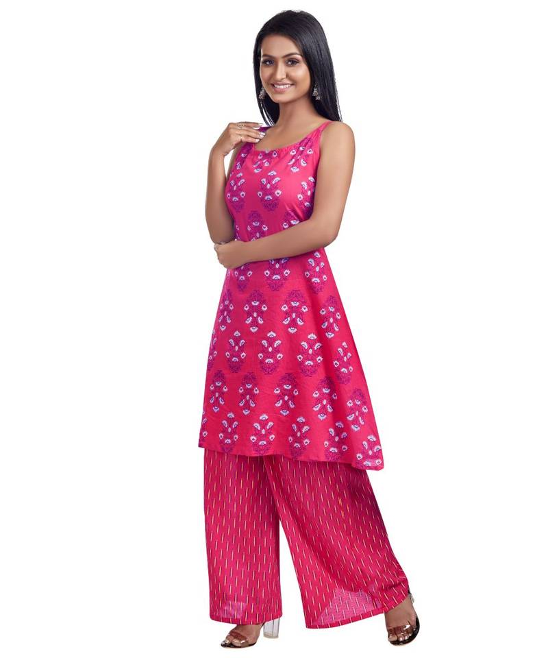 Deep Pink Floral Printed Spagetti Kurti And Palazzo Set