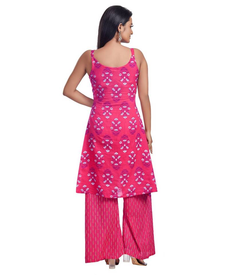 Deep Pink Floral Printed Spagetti Kurti And Palazzo Set