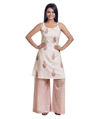 White Floral Hand Block Printed Spaggetti Kurti And Palazzo Set 1