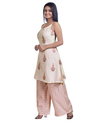 White Floral Hand Block Printed Spaggetti Kurti And Palazzo Set 2