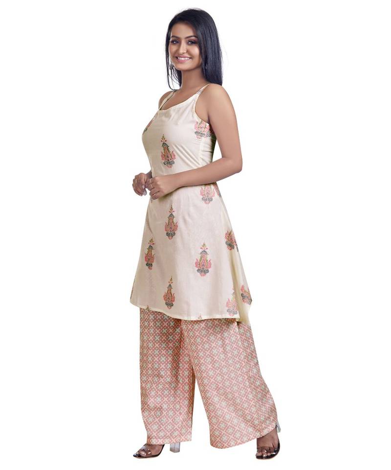 White Floral Hand Block Printed Spaggetti Kurti And Palazzo Set